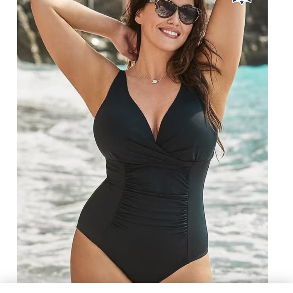 Swimsuits for All Twist Ruched Black One Piece with power mesh tummy control